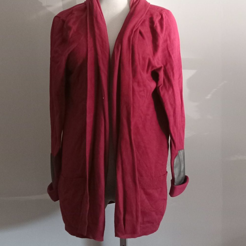 Sung Alfred Sung burgundy patch sleeve pocket open front cardigan sweater sz XL
